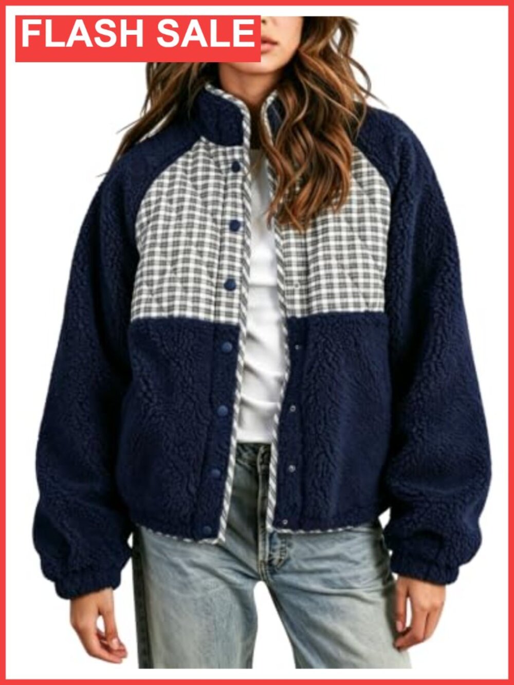 Sherpa Fleece Plaid Quilted Snap Button Cropped Jacket Women